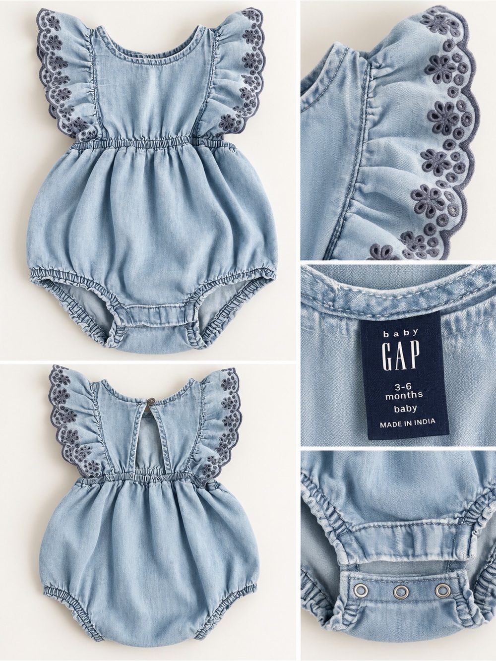 GAP Light Blue Chambray Bubble Romper with Navy Eyelet Ruffles